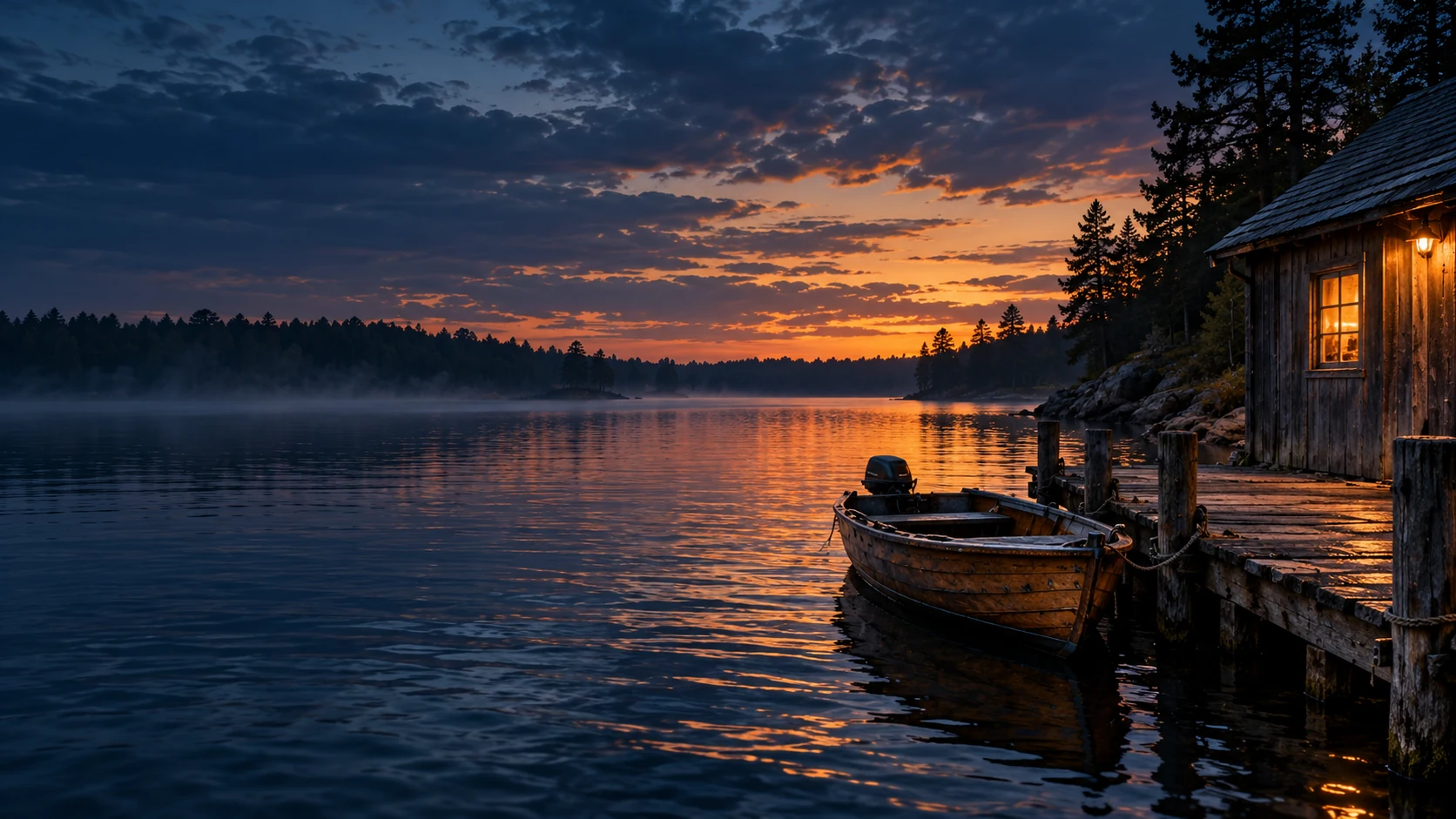 A wooden boat and a lamplit boathouse beside a river at dusk
