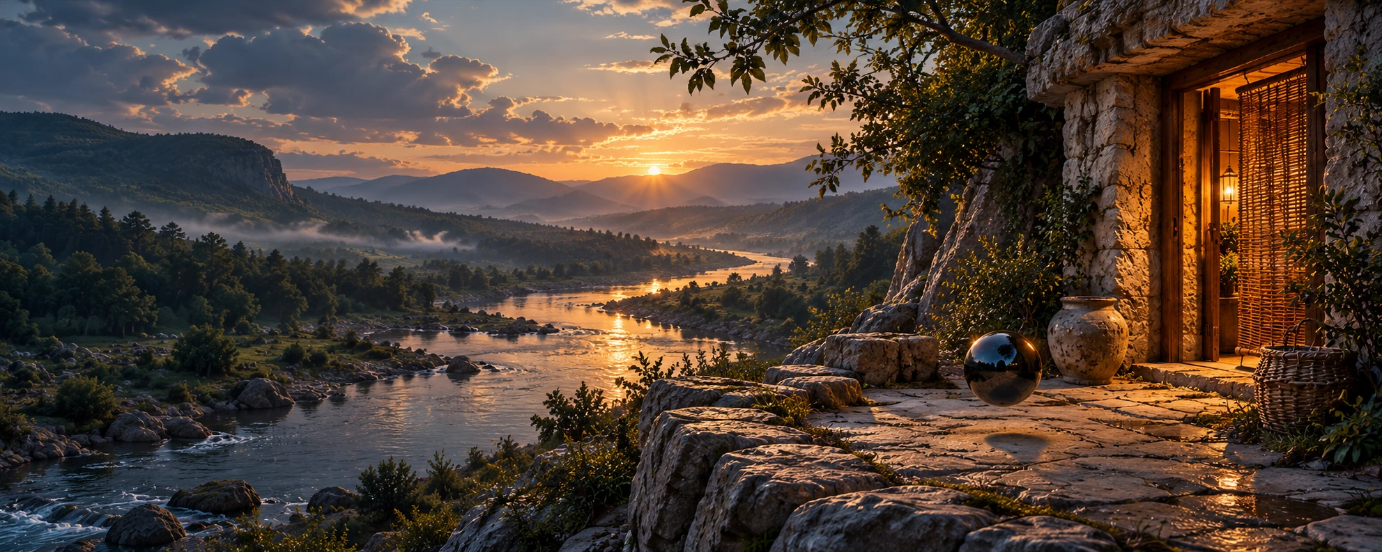 A glossy black Dot beside a warmly lit stone dwelling above a river valley